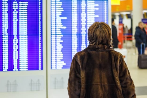 A traveler looking stressed and confused at a departure board in an airport. The board displays multiple flight delays and cancellations.