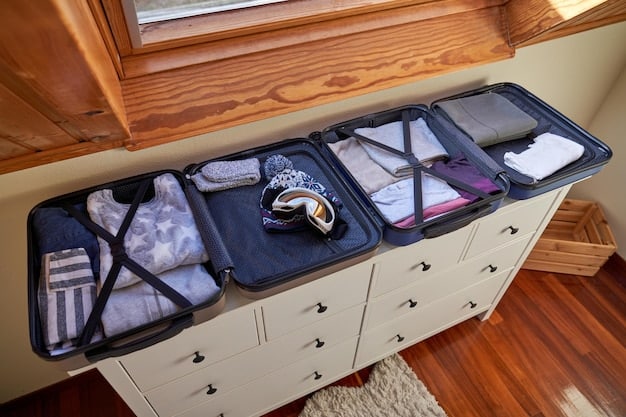 A close-up of a suitcase interior, showcasing neatly rolled clothing items arranged tightly together, maximizing space. Small containers of travel-sized toiletries are visible in the corners.