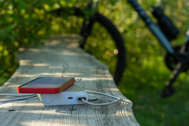 A close-up of a portable charger connected to a smartphone, resting on a map spread out on a picnic table in a scenic park. The scene represents staying connected while exploring nature.