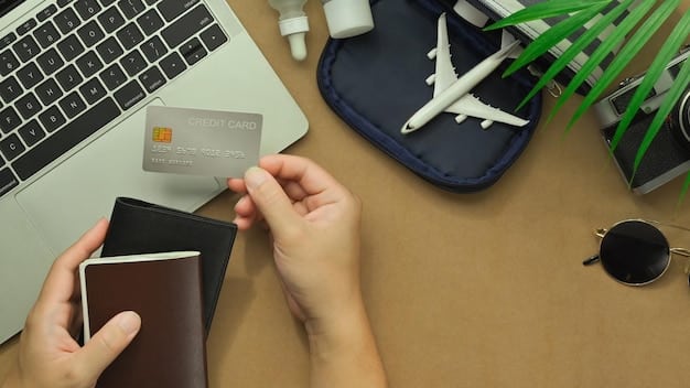 A close-up shot of a hand holding a credit card with travel rewards, with a blurred image of an airplane taking off in the background. The image symbolizes earning travel rewards through everyday spending.