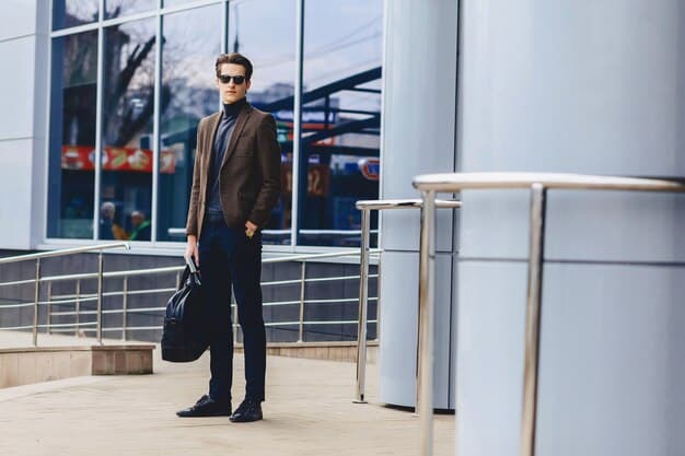 A traveler confidently walking through airport security, dressed in comfortable, practical clothing and easily removable shoes, carrying a laptop bag. The setting showcases a streamlined security process.