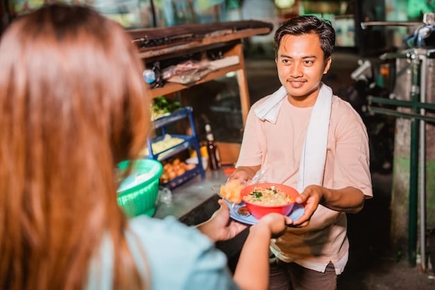 A solo traveler enjoying a street food meal at an outdoor market in Southeast Asia. The market is bustling with activity, and the traveler is smiling, engaging with a local vendor.