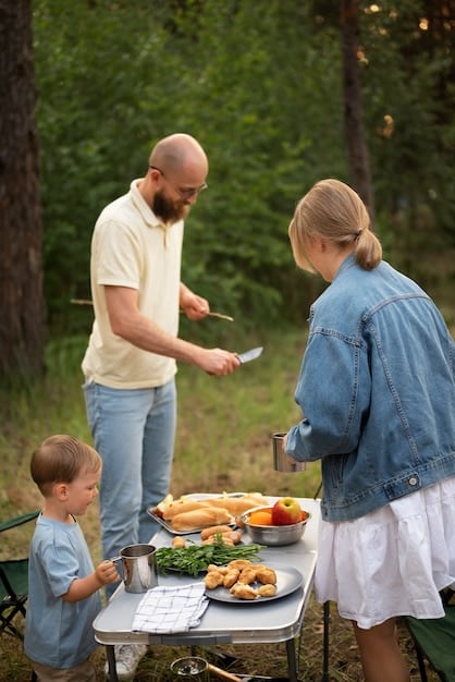 A family preparing a meal at a campsite in a National Park, showcasing a cost-effective travel strategy.
