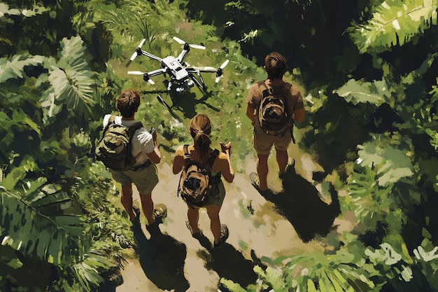 A group of park rangers on patrol in a national park, equipped with modern technology like GPS devices and communication radios. They are shown walking through a dense forest, highlighting their vigilance and dedication.