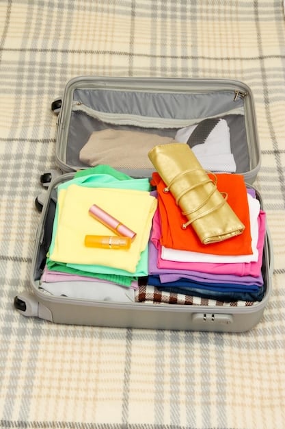 An organized suitcase with neatly folded clothes, demonstrating the concept of packing light and efficiently for a weekend trip, highlighting space-saving techniques and essential travel items.