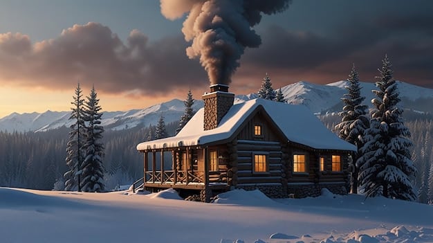 A picturesque cabin nestled in a snowy mountain landscape, symbolizing an affordable mountain getaway during winter. Smoke rises from the chimney, creating a cozy and inviting atmosphere.