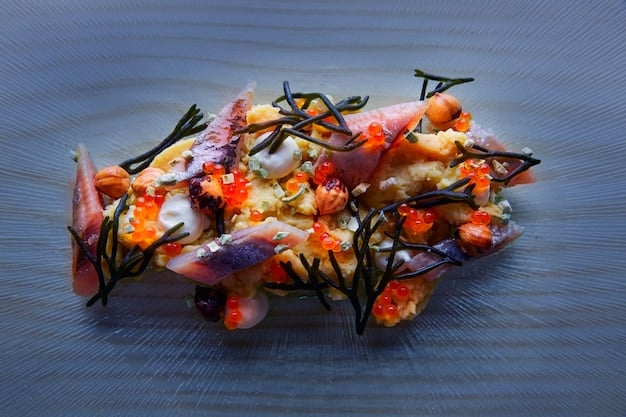 A close-up shot of a perfectly cooked plate of local seafood, showcasing vibrant colors and textures. The dish is served in an elegant setting, highlighting the culinary artistry.