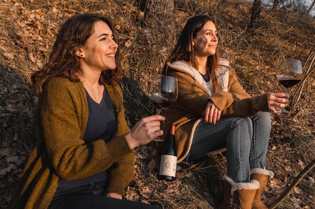 A cozy vineyard with rows of grapevines in the foreground and rolling hills in the background. People are enjoying wine tasting at an outdoor table, with glasses of red and white wine.