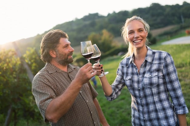 A couple enjoying a wine tasting at a vineyard, with rolling hills in the background. Show the joy and connection between them.