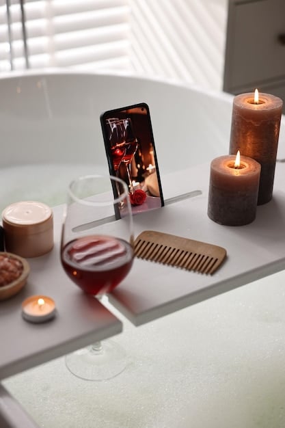 A serene image of a person relaxing in a bath filled with essential oils and flowers, with candles lit around the bathtub. The scene promotes relaxation and self-care.