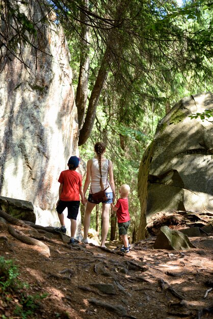 A family is hiking on a well-maintained trail through a lush forest; the sun is filtering through the trees, creating dappled light. The children are using walking sticks and wearing backpacks, while the parents are smiling and encouraging them. The scene conveys a sense of adventure and exploration in nature.