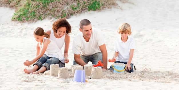 A family is building a sandcastle on a sunny beach; the children are enthusiastically digging and shaping the sand, while the parents are helping with the details. The scene is lively and joyful, capturing the essence of a fun family beach vacation.