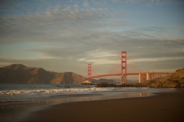 A panoramic view of San Francisco, California, showcasing the Golden Gate Bridge, Alcatraz Island, and the city skyline. The scene captures the vibrancy and iconic landmarks of the city.