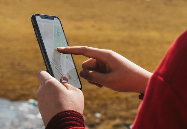 A close-up of a smartphone displaying a map application with pre-loaded routes and safety notifications. The screen also shows emergency contact information and local alerts.