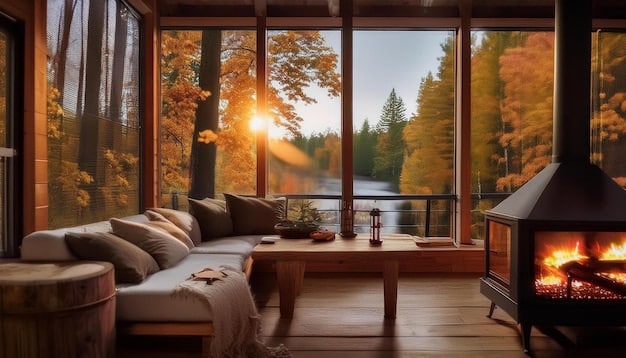 A cozy eco-lodge interior featuring a fireplace, wooden furniture, and large windows overlooking a forest. The scene showcases a blend of rustic charm and modern sustainability.