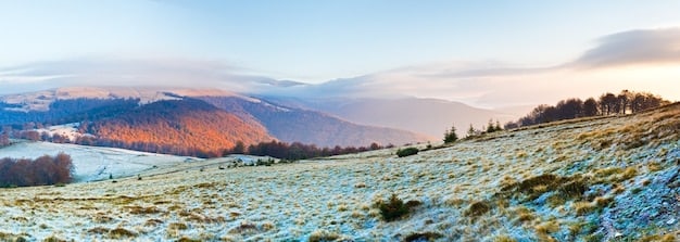 A panoramic view of Asheville, North Carolina, in winter, showcasing the snow-capped Blue Ridge Mountains in the background and the city's skyline in the foreground. The image captures the blend of urban and natural beauty that makes Asheville a unique winter destination.