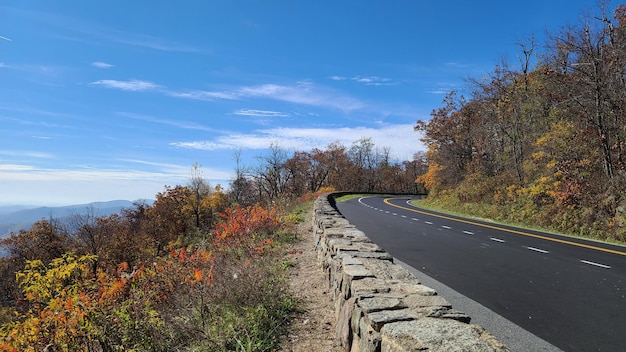 A winding section of the Blue Ridge Parkway, showing a road curving through mountains covered in a mix of yellow, orange, and red foliage. Overlooks offer views of distant valleys filled with colorful trees.