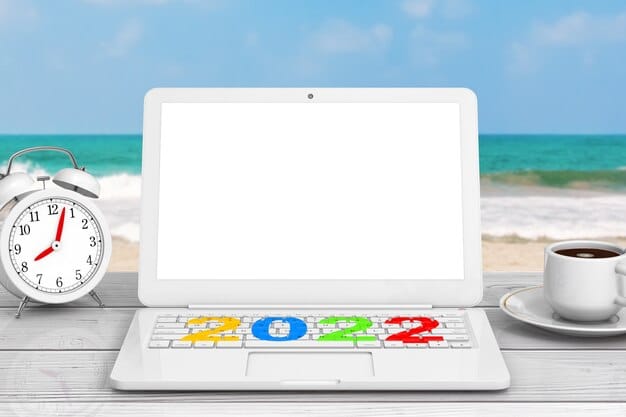 A digital calendar on a laptop screen, with circles around dates in the summer of 2025 and a booking confirmation email visible in the background.
