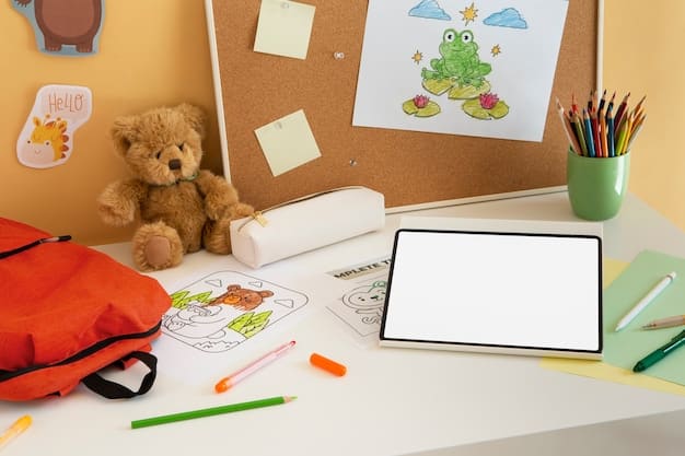 A close-up of a child's entertainment kit for a road trip, including books, coloring supplies, small toys, and a tablet in an organized container.