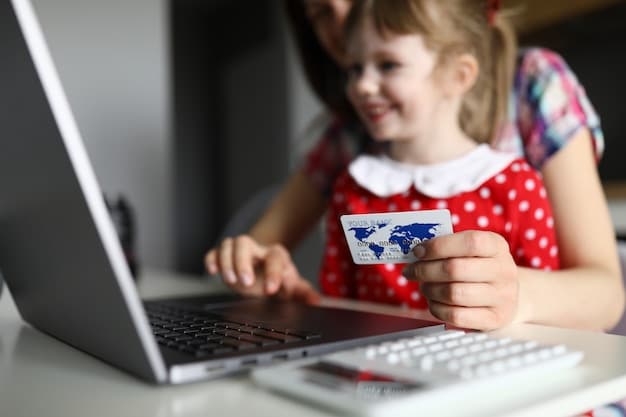 A parent is filling out the TSA PreCheck application on a laptop, with a child sitting next to them, pointing at the screen. The scene takes place at a home office, with travel guides and maps in the background.