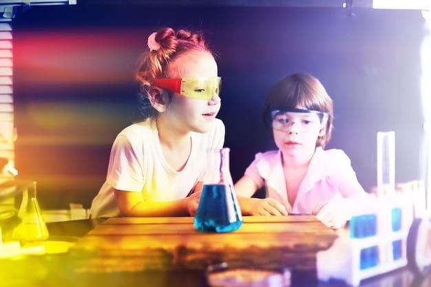 A colorful and lively scene of children participating in a hands-on science exhibit at the Saint Louis Science Center. The children, ranging in age from 4 to 10, are actively engaged in experiments involving bubbles, magnets, and building blocks. Attentive museum staff members are nearby, assisting the children and explaining scientific concepts. The exhibit is well-lit and features interactive displays designed to spark curiosity and learning.