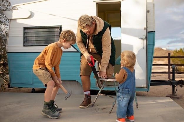 A family laughs together as they work to level their RV using leveling blocks at a campsite. The RV is parked on a slightly uneven surface.