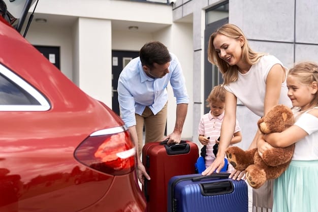 A family is renting a car at an airport, with the rental agent handing over the keys. The family appears excited and ready to start their road trip. Suitcases are visible in the background.