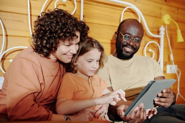 A family using a portable Wi-Fi hotspot while sitting at a cafe in a foreign city. Parents are checking maps on their phones, and kids are watching videos on a tablet.