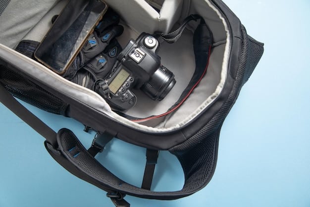 A close-up of a camera bag opened, showcasing a DSLR with a zoom lens, a wide-angle lens, extra batteries, and memory cards. The background is a blurred landscape of a family vacation destination. The lighting is bright and natural, emphasizing the variety of photography equipment.