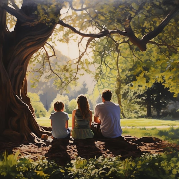 A family of four standing under a large tree, with dappled sunlight filtering through the leaves. The faces are evenly lit, with soft shadows creating depth. The background shows a sunlit park in soft focus. The image captures candid moment with warm sunlight.