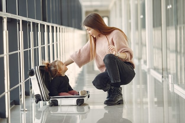 A worried mother on the phone in a foreign airport, with two kids sitting beside her looking distressed. Suitcases are scattered around them.