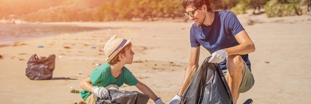A family is cleaning up a beach on the US coastline, picking up trash and debris during a sunny day.
