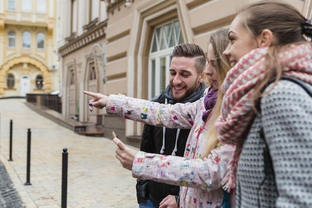 A family huddles around a map in a bustling European city square, pointing at landmarks and talking about their next destination. The buildings in the background are colorful and historic.