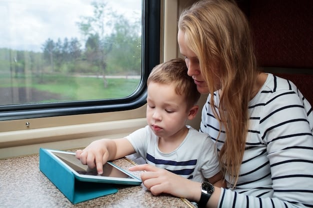 A mother and daughter sit together on a train, looking at a tablet and discussing facts about the places they are passing. The background shows scenic countryside with mountains in the distance.