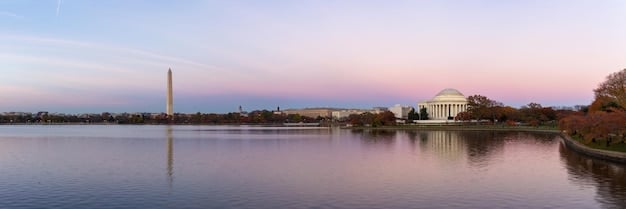 A panoramic view of the National Mall in Washington, D.C., with the Washington Monument prominently featured in the center. Families are seen strolling along the mall, with the U.S. Capitol Building visible in the background. The sky is clear and blue, reflecting in the reflecting pool.