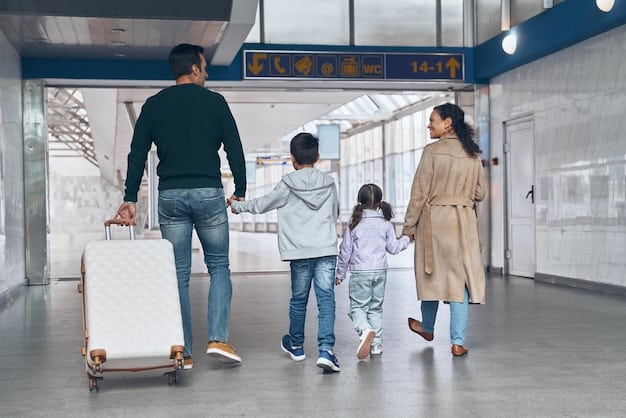 A family (parents and two children) walking through the TSA PreCheck lane at an airport. The parents are showing their boarding passes to the TSA officer, while the children are walking beside them.